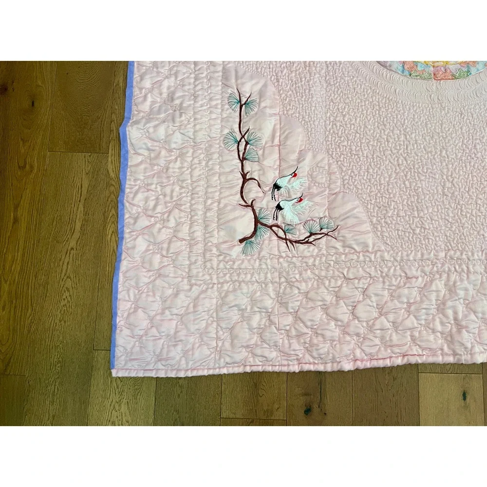 Vintage Asian Satin Wedding Quilt Pink Crane Embroidery Bedspread 80x80 Handmade